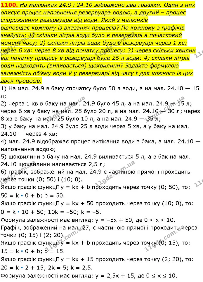 1100. На малюнках 24.9 і 24.10 зображено два графіки. Один з них описує процес наповнення резервуара водою, а другий – процес — ГДЗ Алгебра 7 клас Істер 2024