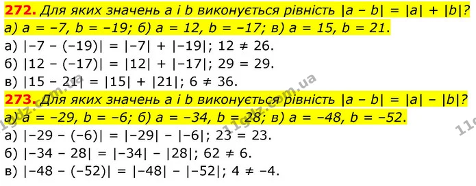 272. Для яких значень а і b виконується рівність |a – b| = |a| + |b|? — ГДЗ Математика 6 клас Бевз 1-2 ч.