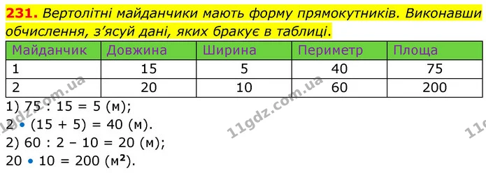 231. Вертолітні майданчики мають форму прямокутників. Виконавши обчислення, з’ясуй дані, яких бракує в таблиці. — ГДЗ Математика 5 клас Скворцова 2022