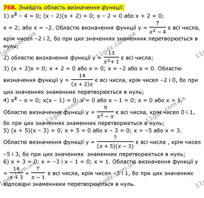 768. Знайдіть область визначення функції: — ГДЗ Алгебра 7 клас Істер 2020
