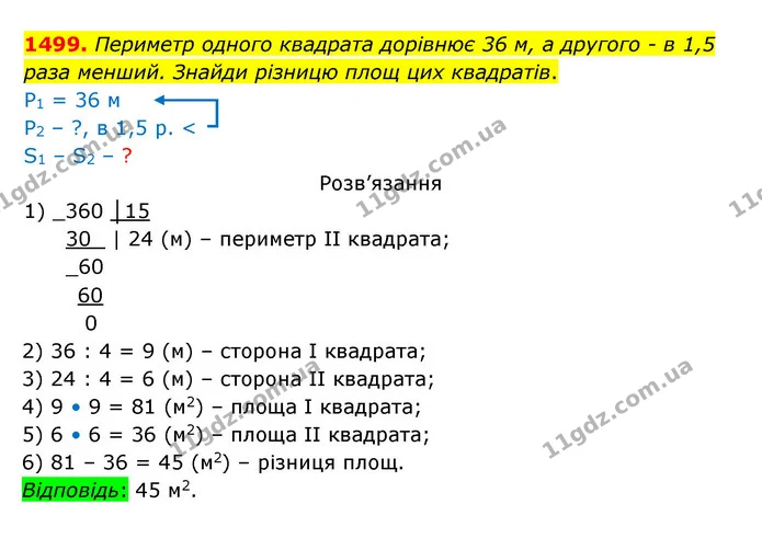 1499. Периметр одного квадрата дорівнює 36 м, а другого – в 1,5 раза менший. Знайди різницю площ цих квадратів. — ГДЗ Математика 5 клас Бевз