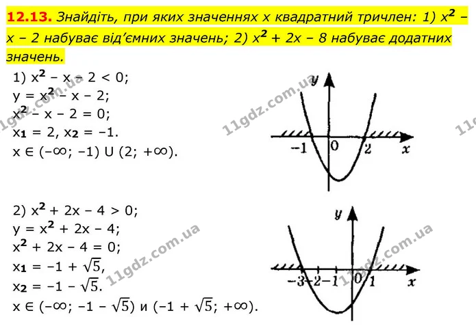 12.13. Знайдіть, при яких значеннях x квадратний тричлен: 1) x2 – x – 2 набуває від’ємних значень; 2) x2 + 2x – 8 набуває додатних — ГДЗ Алгебра 9 клас Істер