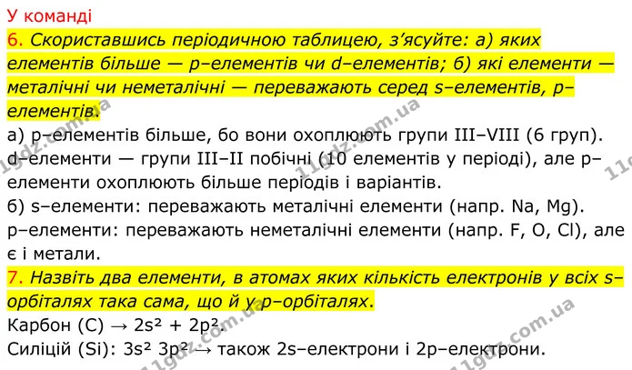 6. Скориставшись періодичною таблицею, з’ясуйте: а) яких елементів більше — p–елементів чи d–елементів; б) які елементи — металічні чи — ГДЗ Хімія 8 клас Попель