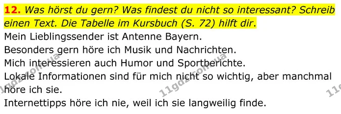 12. Was hörst du gern? Was findest du nicht so interessant? Schreib einen Text. Die Tabelle im Kursbuch (S. 72) hilft dir. — ГДЗ робочий зошит Німецька мова 8 клас Басай