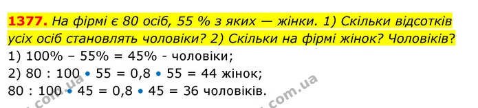 1377. На фірмі є 80 осіб, 55 % з яких — жінки. 1) Скільки відсотків усіх осіб становлять чоловіки? 2) Скільки на фірмі жінок? — ГДЗ Математика 5 клас Кравчук