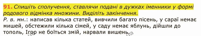 91. Спишіть сполучення, ставлячи подані в дужках іменники у формі родового відмінка множини. Виділіть закінчення. — ГДЗ Українська мова 6 клас Заболотний 2019