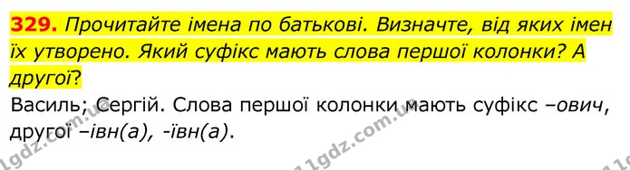 329. Прочитайте імена по батькові. Визначте, від яких імен їх утворено. Який суфікс мають слова першої колонки? А другої? — ГДЗ Українська мова 6 клас Заболотний 2020