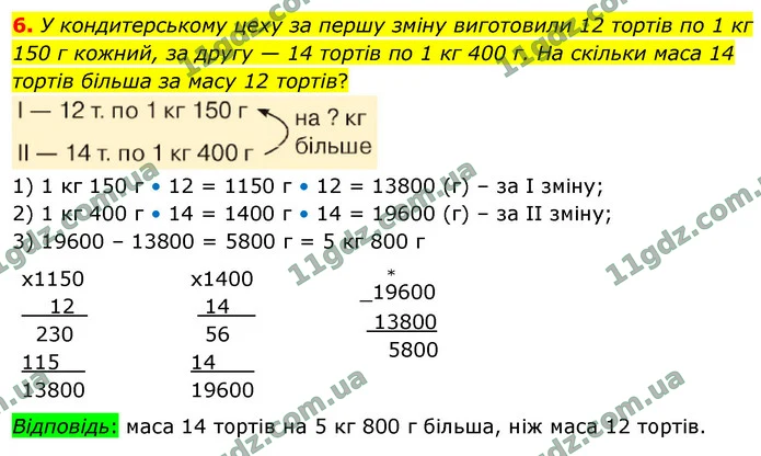 6. У кондитерському цеху за першу зміну виготовили 12 тортів по 1 кг 150 г кожний, за другу — 14 тортів по 1 кг 400 г. На скільки маса — ГДЗ Математика 4 клас Логачевська 1-2 ч. 2021