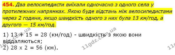 454. Два велосипедисти виїхали одночасно з одного села у протилежних напрямках. Якою буде відстань між велосипедистами через 2 години — ГДЗ Математика 4 клас Бевз 1 та 2 частини