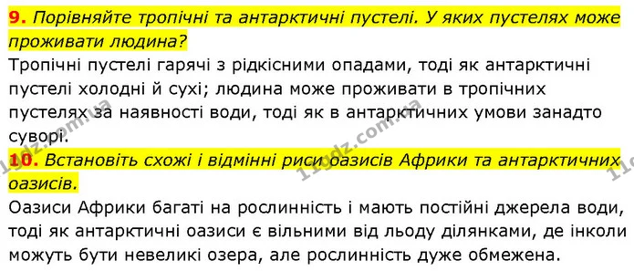 9. Порівняйте тропічні та антарктичні пустелі. У яких пустелях може проживати людина? — ГДЗ Географія 7 клас Гільберг