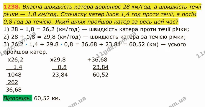 1238. Власна швидкість катера дорівнює 28 км/год, а швидкість течії річки — 1,8 км/год. Спочатку катер ішов 1,4 год проти течії, а — ГДЗ Математика 5 клас Мерзляк