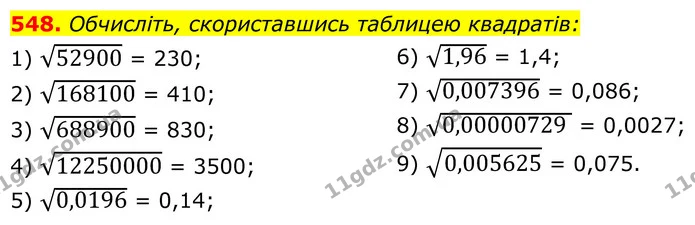 548. Обчисліть, скориставшись таблицею квадратів: — ГДЗ Алгебра 8 клас Тарасенкова