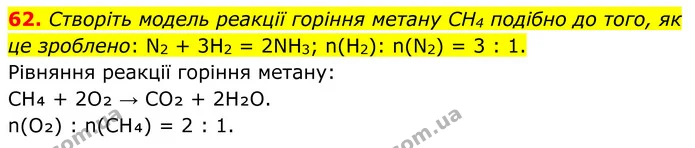 62. Створіть модель реакції горіння метану CH4 подібно до того, як це зроблено: N2 + 3H2 = 2NH3; n(H2): n(N2) = 3 : 1. — ГДЗ Хімія 8 клас Григорович