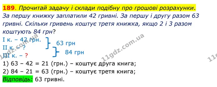 189. Прочитай задачу і склади подібну про грошові розрахунки. — ГДЗ Математика 3 клас Бевз 2 частина