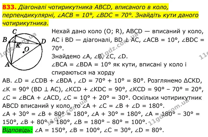 833. Діагоналі чотирикутника ABCD, вписаного в коло, перпендикулярні, ∠ACB = 10°, ∠BDC = 70°. Знайдіть кути даного — ГДЗ Геометрія 8 клас Мерзляк