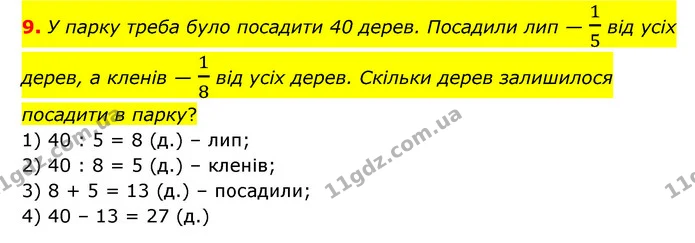9. У парку треба було посадити 40 дерев. Посадили лип — 15 від усіх — ГДЗ Математика 3 клас Логачевська 1-2 ч.