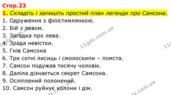 1. Складіть і запишіть простий план легенди про Самсона. — ГДЗ Зарубіжна література 6 клас Волощук