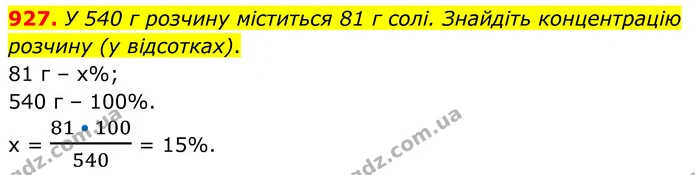 927. У 540 г розчину міститься 81 г солі. Знайдіть концентрацію розчину (у відсотках). — ГДЗ Алгебра 7 клас Тарасенкова 2024