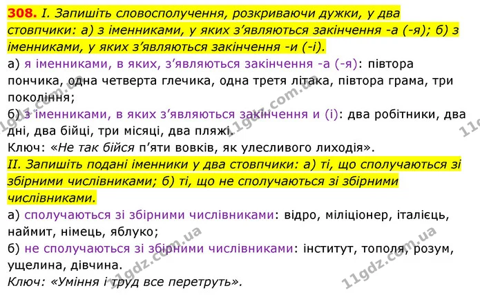 308. І. Запишіть словосполучення, розкриваючи дужки, у два стовпчики: а) з іменниками, у яких з’являються закінчення -а (-я); б) з — ГДЗ Українська мова 6 клас Ворон, Солопенко