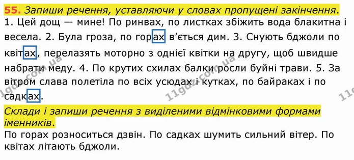 55. Запиши речення, уставляючи у словах пропущені закінчення. — ГДЗ Українська мова 4 клас Вашуленко 2021 (1 частина)