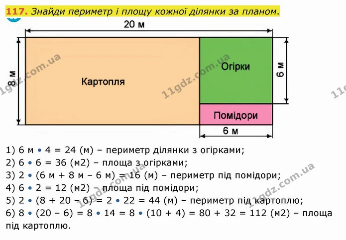 117. Знайди периметр і площу кожної ділянки за планом. — ГДЗ Математика 4 клас Лишенко 1-2 ч.
