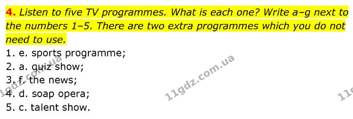 4. Listen to five TV programmes. What is each one? Write a–g next to the numbers 1–5. There are two extra programmes which you do not — ГДЗ Англійська мова 7 клас Мітчелл