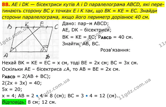 88. AE і DK — бісектриси кутів A i D паралелограма ABCD, які перетинають сторону BC у точках E i K так, що BK = KE = EC. Знайди сторони — ГДЗ Геометрія 8 клас Бевз