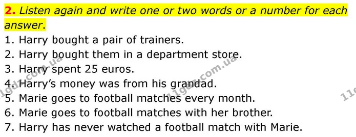 2. Listen again and write one or two words or a number for each answer. — ГДЗ робочий зошит Англійська мова 7 клас Prepare