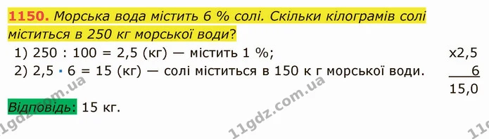 1150. Морська вода містить 6 % солі. Скільки кілограмів солі міститься в 250 кг морської води? — ГДЗ Математика 5 клас Мерзляк