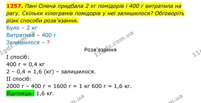 1257. Пані Олена придбала 2 кг помідорів і 400 г витратила на рагу. Скільки кілограмів помідорів у неї залишилося? Обговоріть різні — ГДЗ Математика 5 клас Бевз