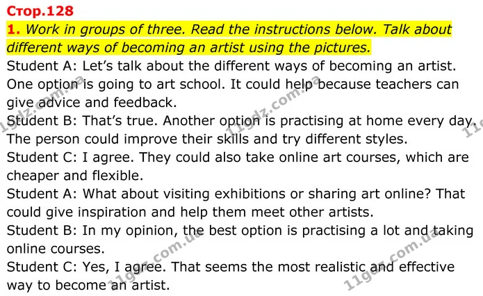 1. Work in groups of three. Read the instructions below. Talk about different ways of becoming an artist using the pictures. — ГДЗ Англійська мова 8 клас Стайрінг (Prepare)