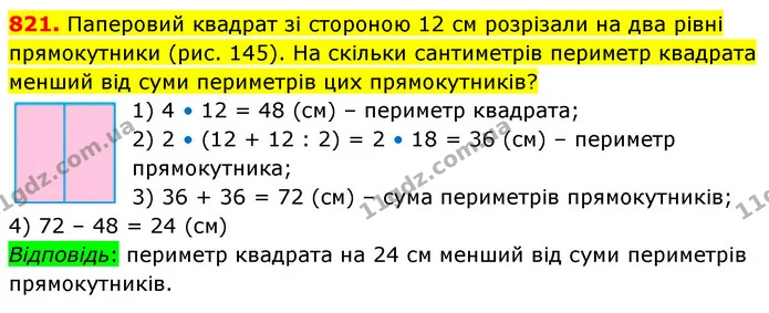 821. Паперовий квадрат зі стороною 12 см розрізали на два рівні прямокутники (рис. 145). На скільки сантиметрів периметр квадрата — ГДЗ Математика 5 клас Кравчук