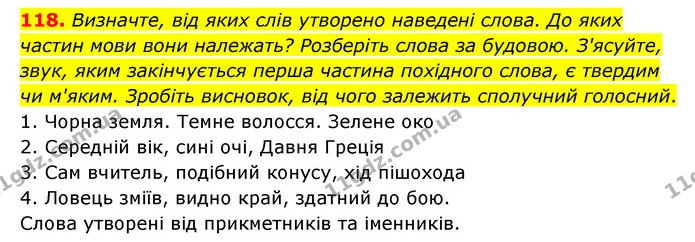 118. Визначте, від яких слів утворено наведені слова. До яких частин мови вони належать? Розберіть слова за будовою. З'ясуйте, звук — ГДЗ Українська мова 6 клас Голуб 2023
