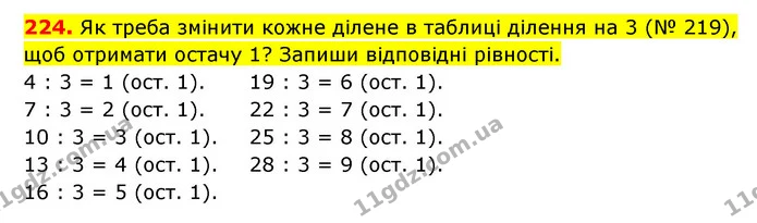 224. Як треба змінити кожне ділене в таблиці ділення на 3 (№ 219), щоб отримати остачу 1? Запиши відповідні рівності. — ГДЗ Математика 3 клас Будна 1-2 ч.