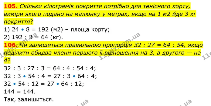 105. Скільки кілограмів покриття потрібно для тенісного корту, виміри якого подано на малюнку у метрах, якщо на 1 м2 йде 3 кг покриття? — ГДЗ Математика 6 клас Бевз 1-2 ч.