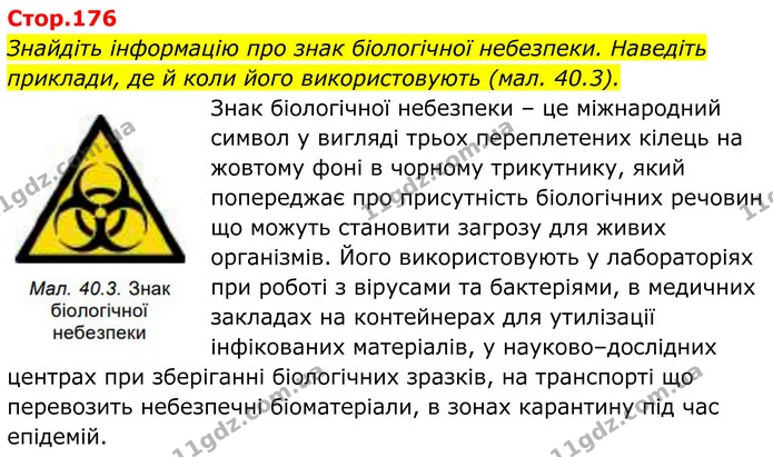 Знайдіть інформацію про знак біологічної небезпеки. Наведіть приклади, де й коли його використовують (мал. 40.3). — ГДЗ Біологія 8 клас Балан