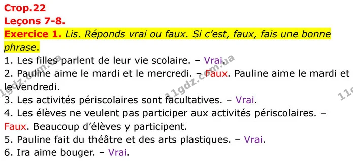 Exercice 1. Lis. Réponds vrai ou faux. Si c’est, faux, fais une bonne phrase. — ГДЗ Французька мова 7 клас Чумак
