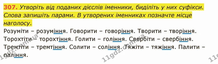 307. Утворіть від поданих дієслів іменники, биділіть у них суфікси. Слова запишіть парами. В утворених іменниках позначте місце — ГДЗ Українська мова 6 клас Глазова