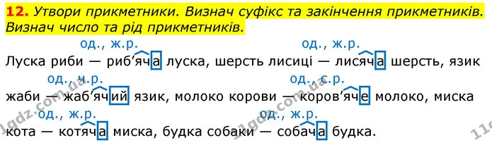 12. Утвори прикметники. Визнач суфікс та закінчення прикметників. Визнач число та рід прикметників. — ГДЗ Українська мова та читання 3 клас Большакова 1-2 ч.