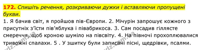 172. Спишіть речення, розкриваючи дужки і вставляючи пропущені букви. — ГДЗ Українська мова 6 клас Ворон, Солопенко