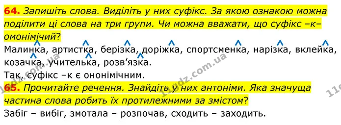64. Запишіть слова. Виділіть у них суфікс. За якою ознакою можна поділити ці слова на три групи. Чи можна вважати, що суфікс –к– — ГДЗ Українська мова 6 клас Голуб 2023