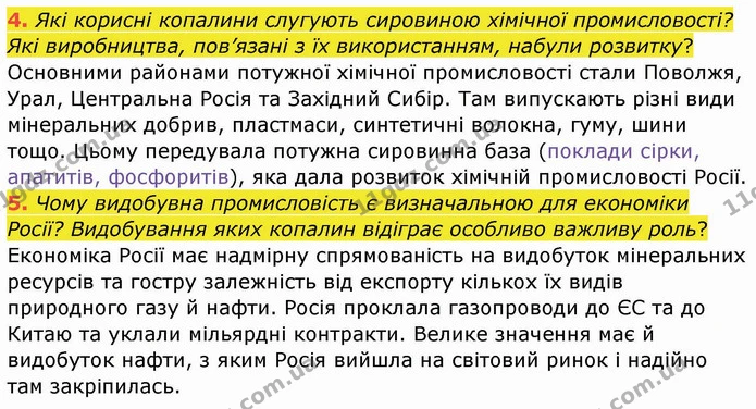 4. Які корисні копалини слугують сировиною хімічної промисловості? Які виробництва, пов’язані з їх використанням, набули розвитку? — ГДЗ Географія 10 клас Бойко