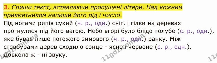 3. Спиши текст, вставляючи пропущені літери. Над кожним прикметником напиши його рід і число. — ГДЗ Українська мова та читання 4 клас Остапенко 2 ч.