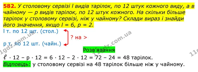 582. У столовому сервізі l видів тарілок, по 12 штук кожного виду, а в чайному — p видів тарілок, по 12 штук кожного. На скільки більше — ГДЗ Математика 3 клас Листопад 1-2 ч.