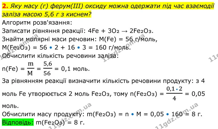 2. Яку масу (г) ферум(ІІІ) оксиду можна одержати під час взаємодії заліза масою 5,6 г з киснем? — ГДЗ Хімія 8 клас Мідак