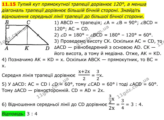 11.15 Тупий кут прямокутної трапеції дорівнює 120°, а менша діагональ трапеції дорівнює більшій бічній стороні. Знайдіть відношення — ГДЗ Геометрія 8 клас Істер