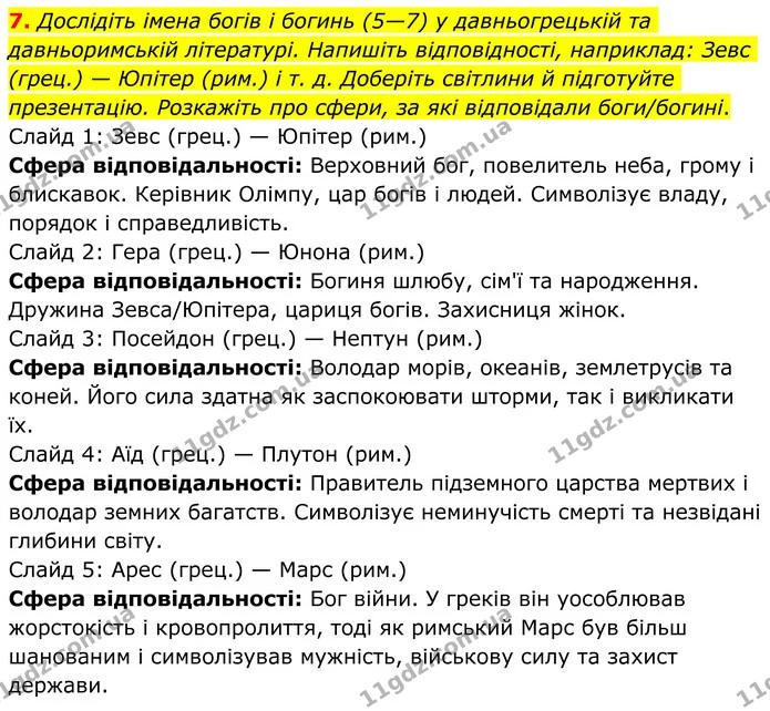 7. Дослідіть імена богів і богинь (5—7) у давньогрецькій та давньоримській літературі. Напишіть відповідності, наприклад: Зевс (грец.) — ГДЗ Зарубіжна література 8 клас Ніколенко