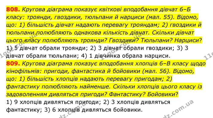 808. Кругова діаграма показує квіткові вподобання дівчат 6–Б класу: троянди, гвоздики, тюльпани й нарциси (мал. 55). Відомо, що: 1) — ГДЗ Математика 6 клас Тарасенкова 2023 1-2 ч.