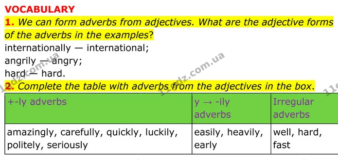1. We can form adverbs from adjectives. What are the adjective forms of the adverbs in the examples? — ГДЗ Англійська мова 8 клас Стайрінг (Prepare)