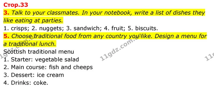 3. Talk to your classmates. In your notebook, write a list of dishes they like eating at parties. — ГДЗ Англійська мова 4 клас Пухта